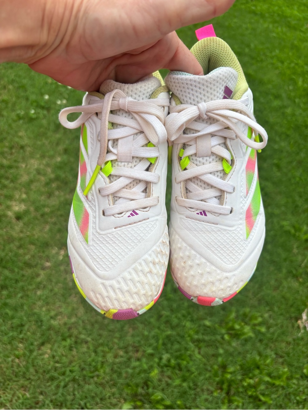 adidas Kids White Sneakers with Neon Pink & Lime Highlights